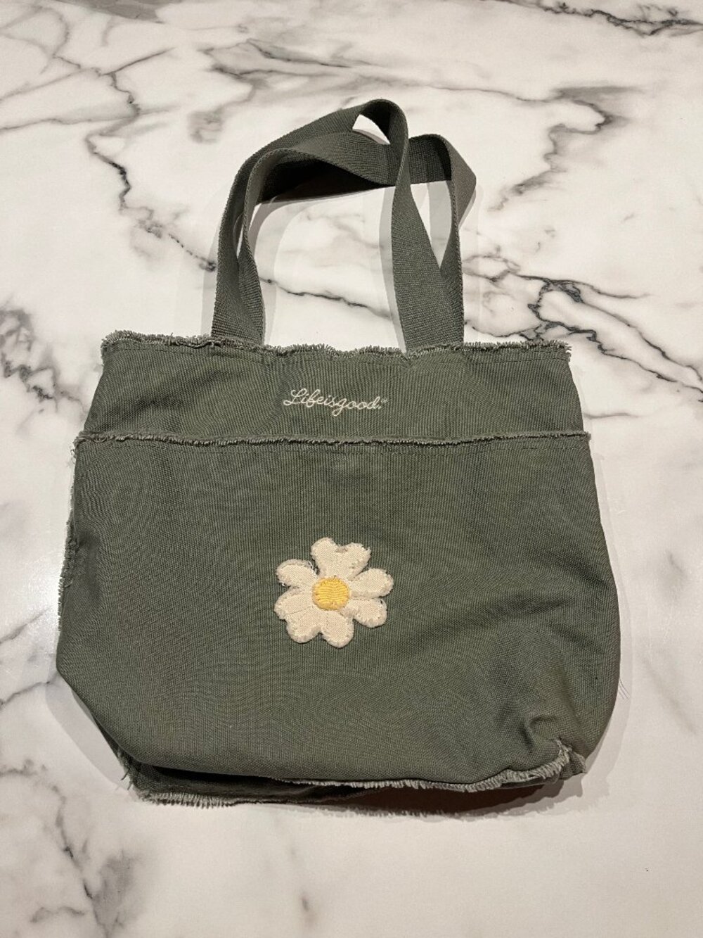 Life Is Good Olive Green Canvas Daisy Pocket Tote Bag - Picture 2 of 10